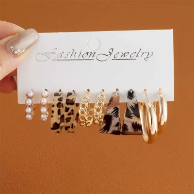 5 Pairs Pearl Leopard Chain Decor Hoop Earring Set 